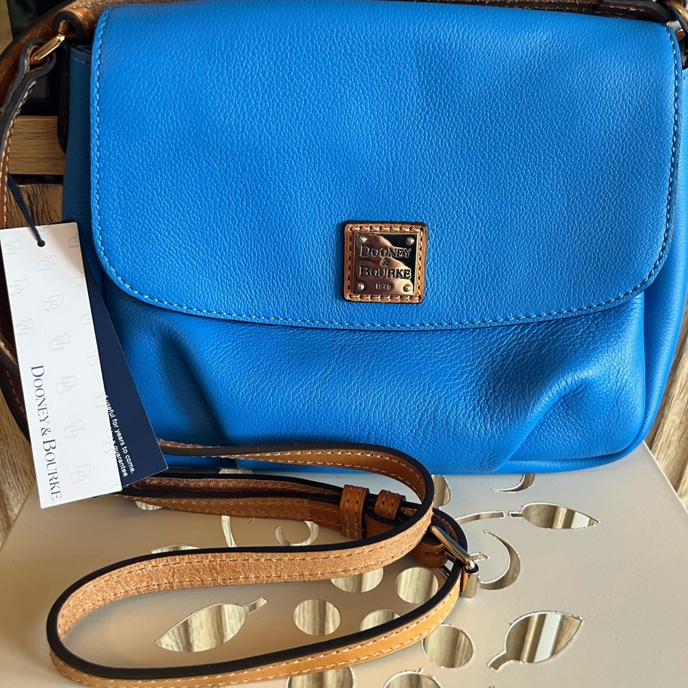 Dooney & Bourke Bright Blue Leather Crossbody with Tan Strap